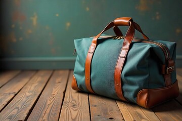 Naklejka premium Stylish Spacious Holdall Suitcase Ready for Adventure on Rustic Wooden Floor. Durable Fabric, Multiple Compartments for Effortless Travel and Hotel Organization.