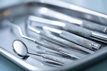 Fototapeta premium Macro shot of gleaming stainless steel dental tools laid out on a metallic tray, ready for dentist appointments and professional hygiene procedures in dental clinic.