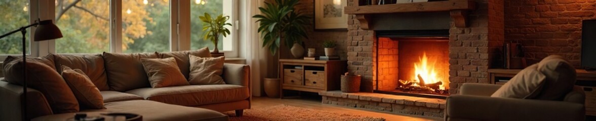 Cozy Family Gathering by Fireplace, Warm Living Room with Natural Light