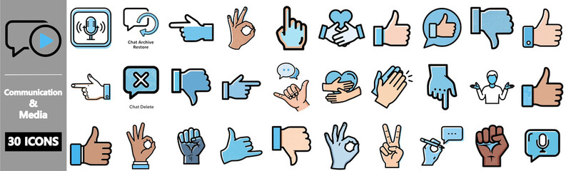 A collection of 30 communication and media icons featuring diverse hand gestures and speech bubbles.