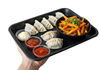 A black tray holding yummy dumplings fries and sauces presented in a neat and appetizing arrangement for serving on transparent background