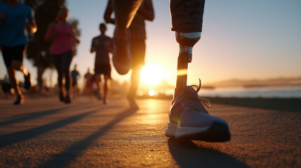 Riverside jog medium shot of a runner with a prosthetic leg pacing with friends, clean horizon, crisp morning air, supportive rhythm, running, accessibility, prosthetic leg, fitnes
