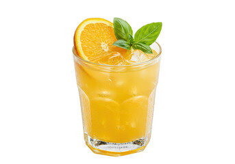 Refreshing orange aperol & tangerine cocktail with ice cubes and basil leaves in a clear glass on a transparent background