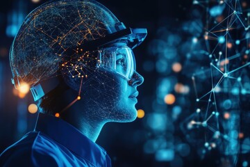 Innovative scientist wearing a futuristic helmet while analyzing data in a high-tech environment