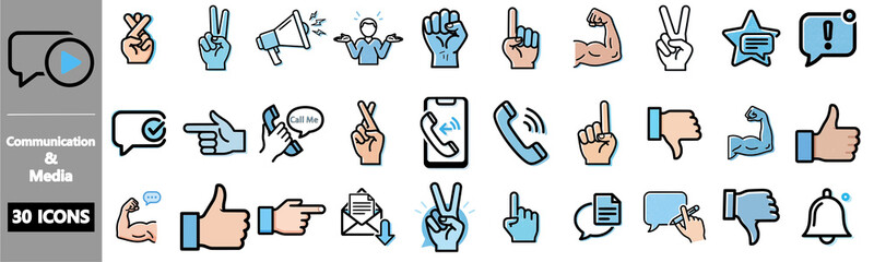 Collection of communication and media icons with various hand gestures.