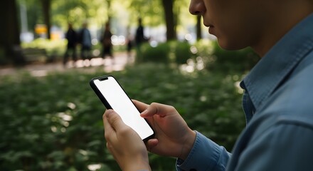 Focused young adult immersed in their smartphone experience outdoors, symbolizing personal digital engagement and connectivity in a serene environment