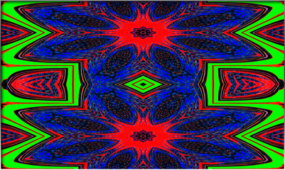 A symmetrical design featuring bright red, blue, and green colors. The intricate patterns create a dynamic and mesmerising effect.