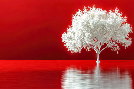Surreal white tree reflecting on a calm red body of water against a vivid red background
