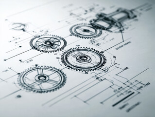 Technical mechanical gear system blueprint with detailed engineering annotations