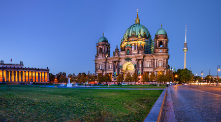 Panorama: Berlin Cathedral, TV Tower, and Altes Museum lit up after sunset, Germany © Arnold