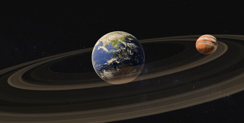 Fictional scene of two ringed planets in space, one Earth-like and one Jupiter-like. Elements of 3D rendered illustration were furnished by NASA.