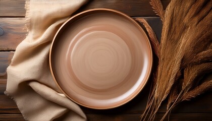 a large round light brown ceramic plate rests on a rustic wooden surface flanked by pieces of beige linen fabric