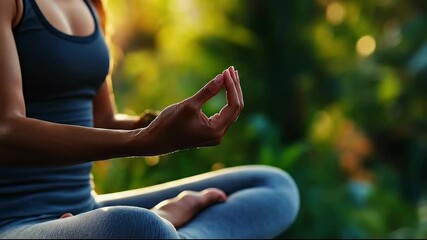 A woman meditates in nature, embodying serenity and tranquility.