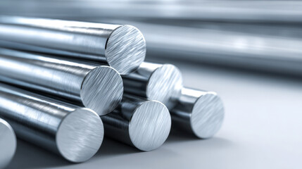Polished metallic rods stacked in a pyramid formation highlighting smooth cylindrical shapes and reflective surfaces for industrial or manufacturing concepts