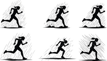 Obraz premium Running, rain, silhouette, motion, athlete, wet, storm, speed, splash, dynamic, weather, fitness, energy, action, shadow, outdoor, sport, movement, rainy, dramatic