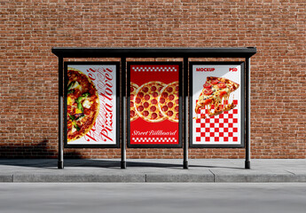 Street Billboard Mockup at Bus Stop with Brick Wall