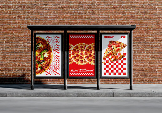 Street Billboard Mockup at Bus Stop with Brick Wall