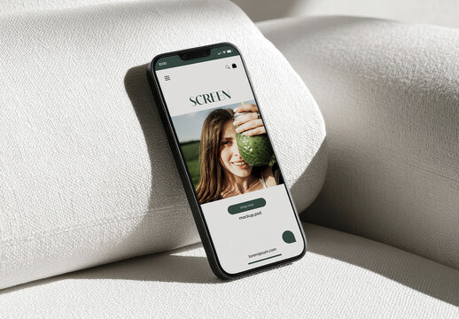 Smartphone Mockup on White Textured Sofa with Natural Light