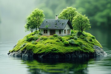 Obraz premium A small house surrounded by lush greenery on a serene island in calm waters during daylight