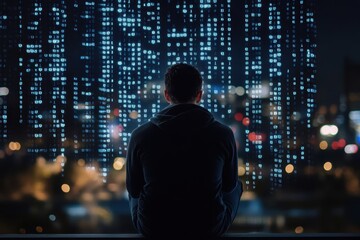 Person sitting near window overlooking city illuminated with digital data at night