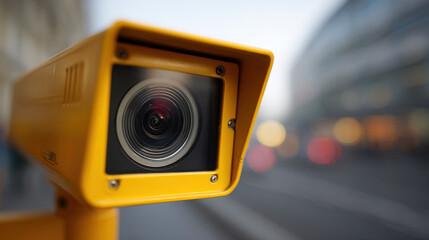 Yellow surveillance camera monitoring urban street with blurred cityscape and bokeh lights in the background at dusk for public safety and security