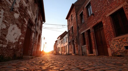 Cobblestone Street at Sunset in an Old European Town.