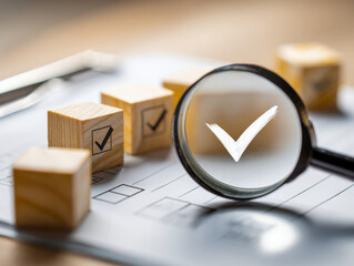 Wooden blocks with checkmarks placed on a checklist behind a magnifying glass highlighting a white approval symbol in a concept of quality control and verification proces