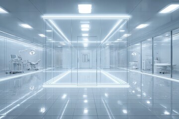 Futuristic, clinical, and modern architecture of a bright medical center or hospital, with glass walls and doors, and patient treatment areas in a clean aesthetic.