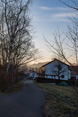 Empty asphalt road leading between houses in a calm village during cold sunrise with trees and soft mist.