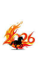 Naklejka premium Fiery horse running through 2026 flames symbolizing energy, passion, and success for Lunar New Year of the Horse celebration, dynamic composition on transparent background, illustration