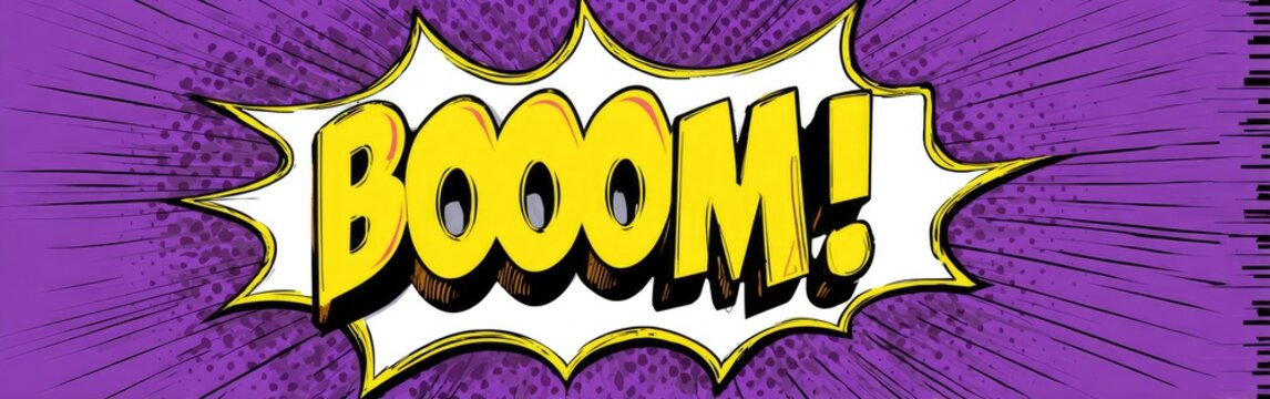 Comic Book BOOOM Explosion on Purple Background. - Powered by Adobe