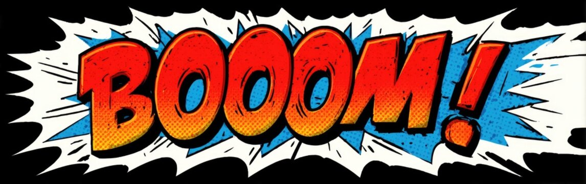 Comic book explosion sound effect BOOOM on black background. - Powered by Adobe