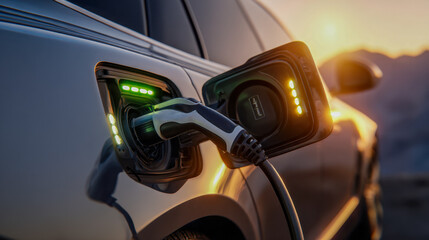 Electric vehicle charging point with an advanced fast-charging station connected to a modern electric car amid a scenic sunset landscape