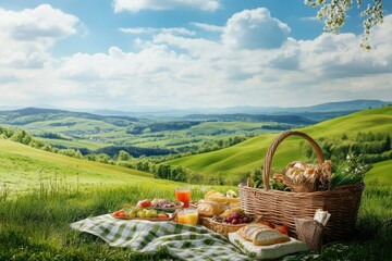 Enjoying a sunny picnic on rolling hills with a basket of fresh food and drinks