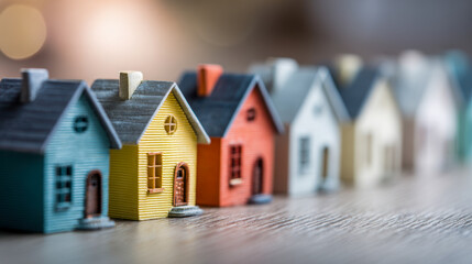 Row of colorful miniature model houses lined up in a close arrangement representing a vibrant residential neighborhood on a wooden surface with soft lighting effects