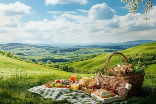 Enjoying a sunny picnic on rolling hills with a basket of fresh food and drinks