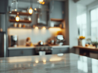Fototapeta premium Modern kitchen interior with gray cabinets and warm pendant lighting creating a cozy atmosphere seen from a marble countertop in soft focus background