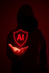 Hacker holding AI red shield cybersecurity concept Artificial intelligence cyber crime security risk