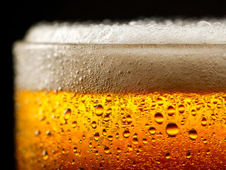 Close-up of a frosty glass of cold beer with condensation droplets on the surface