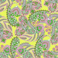 Hand drawn floral paisley seamless vector pattern. Batik style fabric