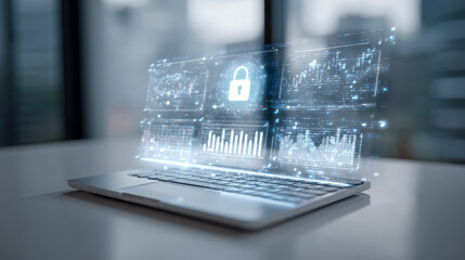 Futuristic digital security interface displaying data analytics and a secure lock symbol on a modern laptop in a high-tech workspace