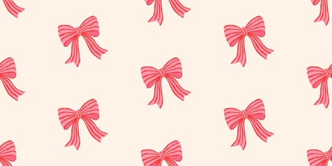 Seamless pattern with cute pink striped bows in a hand-drawn cartoon style. Romantic background for Valentine's Day or textile design in flirty style, vector illustration.