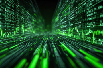 A futuristic digital visualization of stock market data with glowing green lines and numeric codes suggesting high-tech financial trading and data analysis technology
