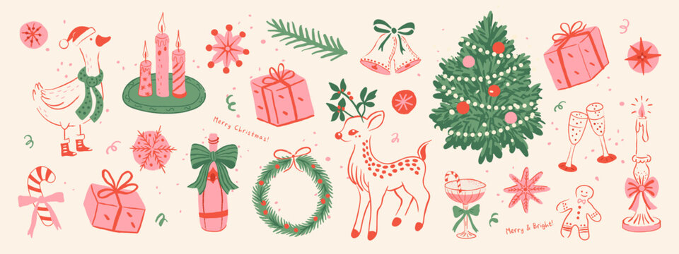 Set of cute Christmas illustrations in a hand-drawn doodle style. Collection of festive winter holiday icons including a goose, deer, and Christmas tree for greeting cards and festive design, vector