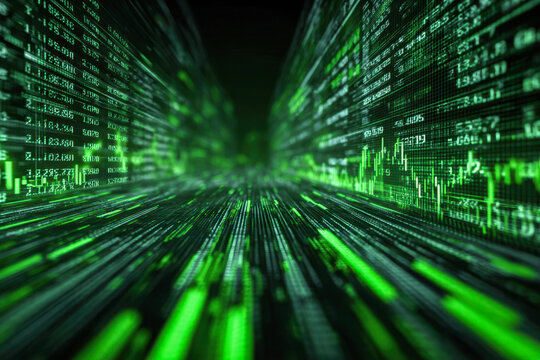 A futuristic digital visualization of stock market data with glowing green lines and numeric codes suggesting high-tech financial trading and data analysis technology