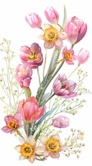 Obraz premium pink spring tulips floral array with daffodils and grasses against a white background tall portrait orientation