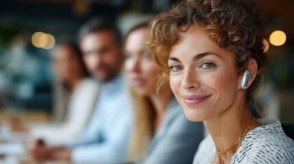 Obraz premium Candid of an analyst with hearing aids following captions on a meeting display, teammates exchanging ideas, soft bokeh office background, neutral color palette, even ambient lighti