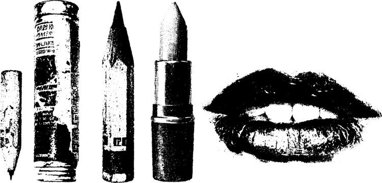 Artistic set of high contrast grunge sketch elements with makeup and lip design
