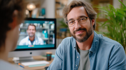 Fototapeta premium Medium shot of a recruiter signing to a candidate on video call, interpreter window visible, neutral backdrop, inclusive hiring context, balanced daylight and screen glow, sign lan
