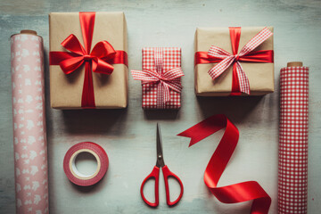 Creative gift wrapping supplies and presents offer a festive holiday season vibe